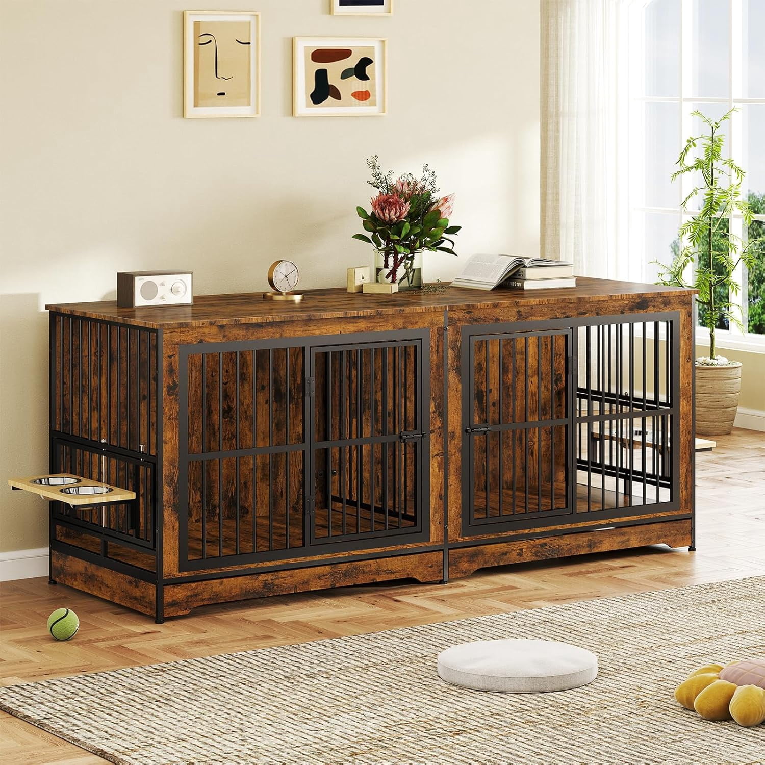 Picture of 78 Double Dog Crate Furniture for 2 Large Dogs Indoor Wooden Furniture ...