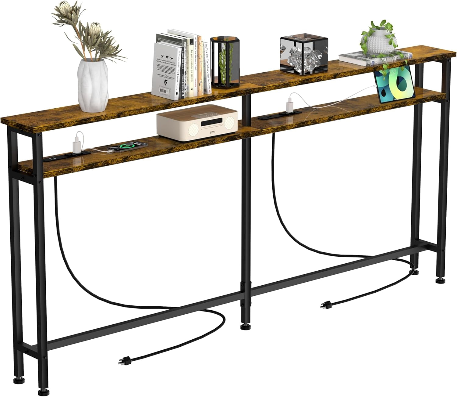 78'' double-layer narrow console sofa table with 2 power outlets&4 ac ...