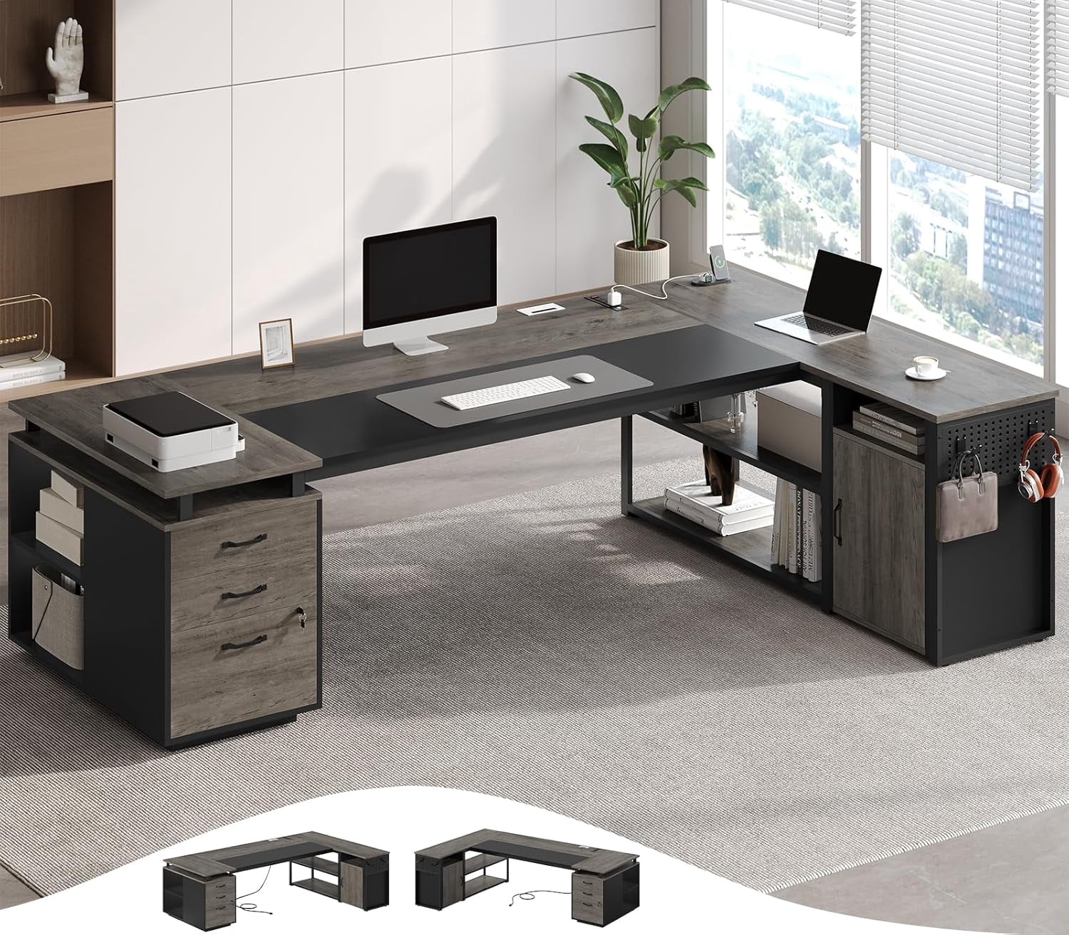 78" Executive Desk with Lockable File Cabinet, L Shaped Executive Desk with Power Outlets, Reversible Computer Desk with Drawers, Storage Shelves and Privacy Screen, Gray