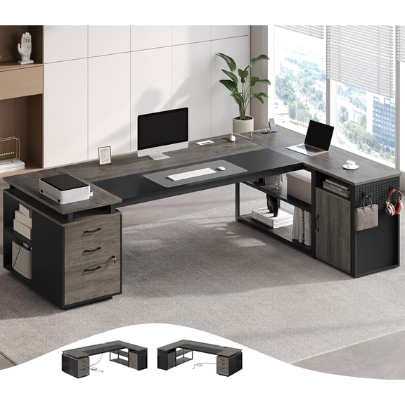 78" Executive Desk with Lockable File Cabinet, L Shaped Executive Desk with Power Outlets, Reversible Computer Desk with Drawers, Storage Shelves and Privacy Screen, Gray