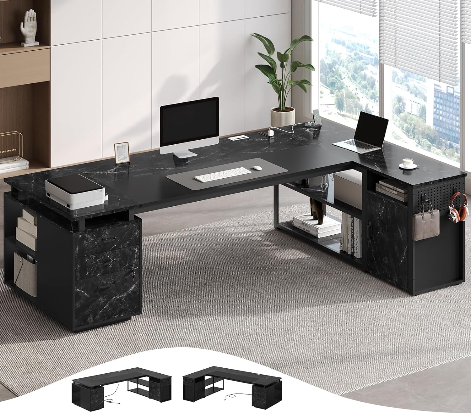 78" Executive Desk with Lockable File Cabinet, L Shaped Executive Desk with Power Outlets, Reversible Computer Desk with Drawers, Storage Shelves and Privacy Screen, Marble Black