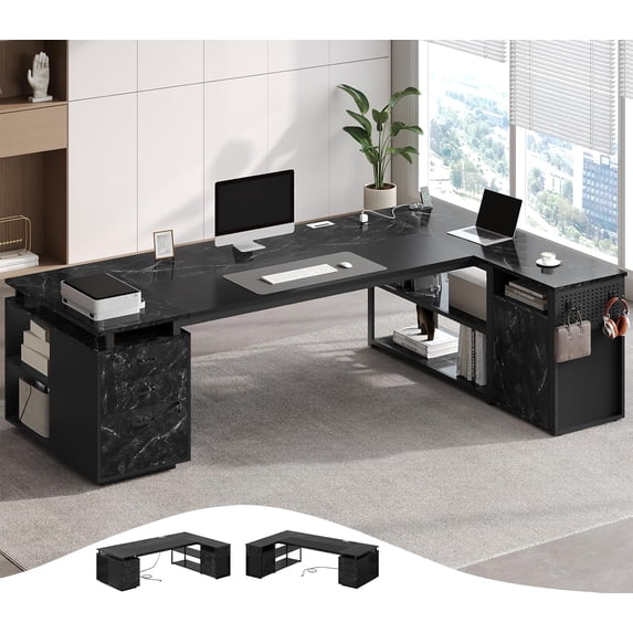 78" Executive Desk with Lockable File Cabinet, L Shaped Executive Desk with Power Outlets, Reversible Computer Desk with Drawers, Storage Shelves and Privacy Screen, Marble Black