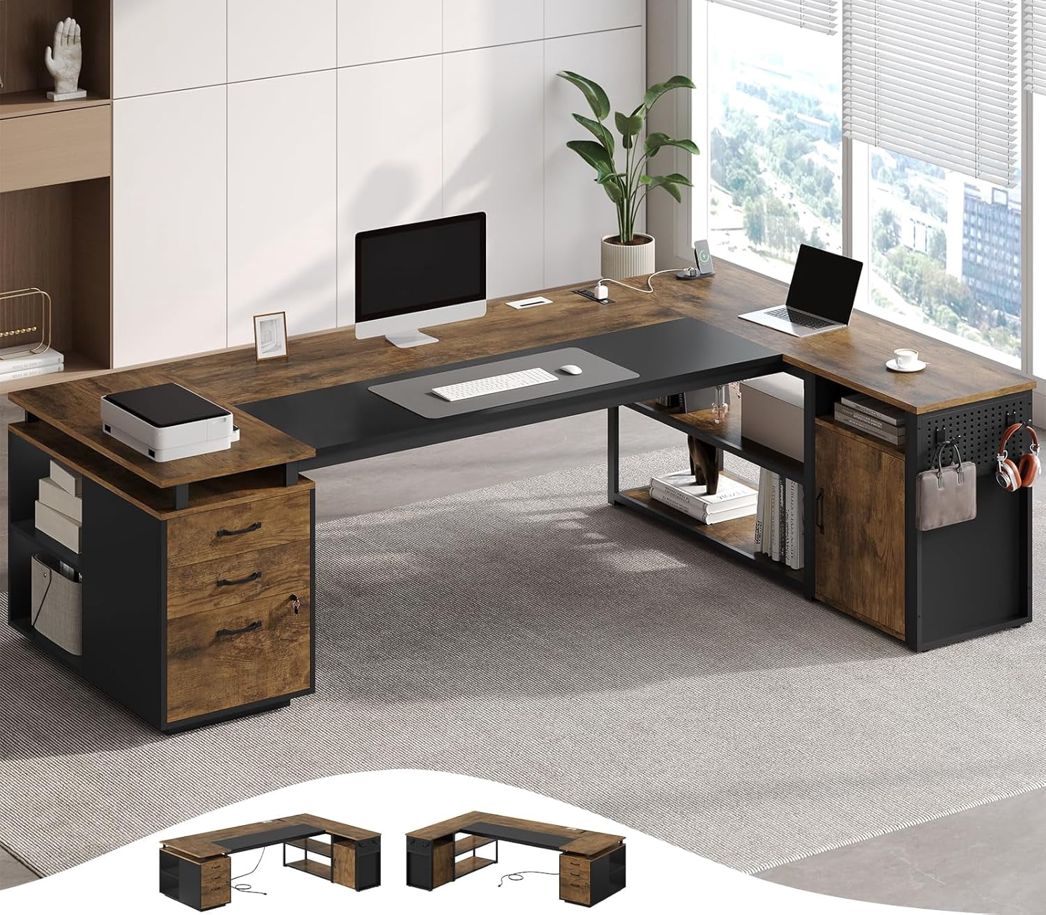 78" Executive Desk with Lockable File Cabinet, L Shaped Executive Desk with Power Outlets, Reversible Computer Desk with Drawers, Storage Shelves and Privacy Screen, Rustic Brown