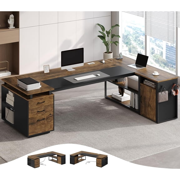 78" Executive Desk with Lockable File Cabinet, L Shaped Executive Desk with Power Outlets, Reversible Computer Desk with Drawers, Storage Shelves and Privacy Screen, Rustic Brown