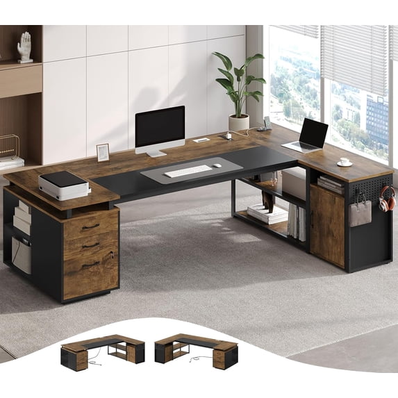 78" Executive Desk with Lockable File Cabinet, L Shaped Executive Desk with Power Outlets, Reversible Computer Desk with Drawers, Storage Shelves and Privacy Screen, Rustic Brown