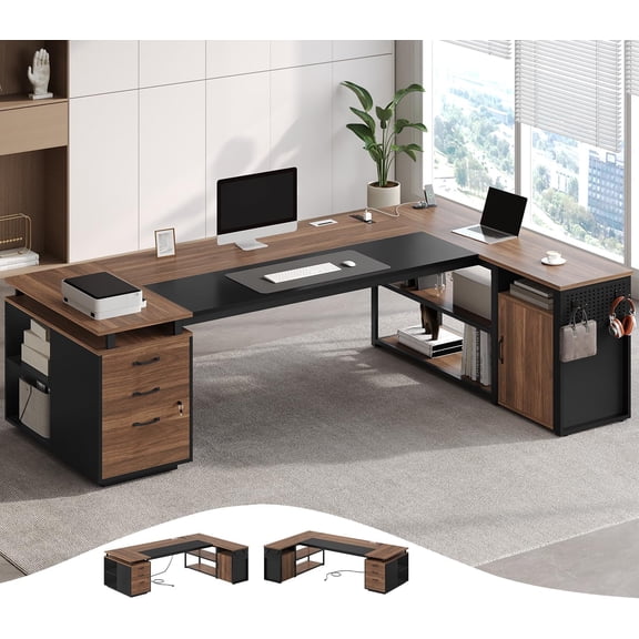 78" Executive Desk with Lockable File Cabinet, L Shaped Office Desk with Power Outlets, Large Executive Desk with Drawers and Storage Shelves , Reversible Computer Desk with Privacy Screen, Walnut