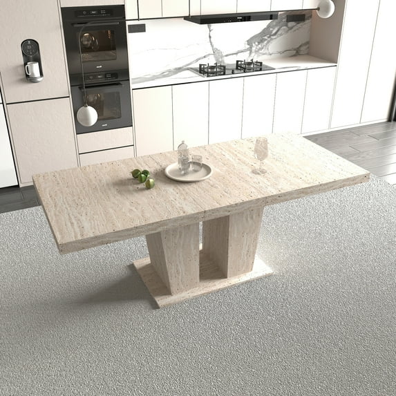 78" Extendable Dining Table for 10 people, Rectangle Kitchen Table with Solid Leg and Veined Travertine Pattern, Farmhouse Dinner Table with for Living Room, Conference Room, White