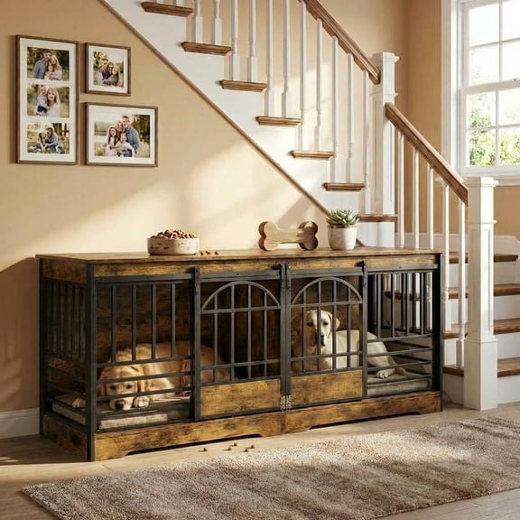 78" Extra Large Dog Crate Furniture for 2 Dogs, Double Wooden XL Indoor Kennel with Divider, Heavy Duty Farmhouse Dog Cage End Table TV Stand for Large Breeds – Cognac Brown