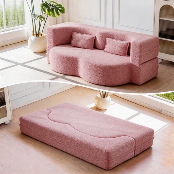 78" FIRSCOOK Teddy Fabric Convertible Loveseat Sofa Bed, 2-Seat Floor Sleeper Sofa with Pillows, Boneless Couches for HomeNo AssemblyPink