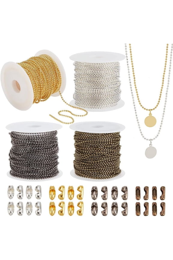 78 Feet(24m) Ball Bead Chain 4 Colors Metal Ball Chain Necklace 1.5mm Adjustable Pull Chains with Connectors for Jewelry Making Xmas DIY Dog Tag Key Chain Wedding Party