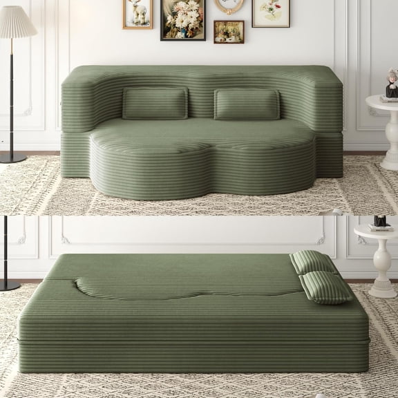 78" Full Size Floor Sofa, Folding Queen Sleeper Couch, Futon Loveseat Sofa, Plush Corduroy Foam-Filled Sleeper Couch Bed, Fold Mattress Bed for Living Room, Guest Use, Office, Apartment, Green