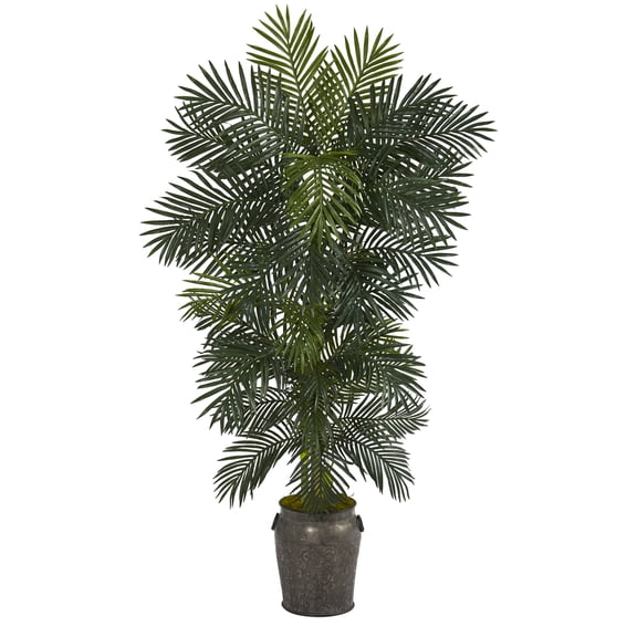 78" Golden Cane Artificial Palm Tree in Metal Planter in Green/Charcoal