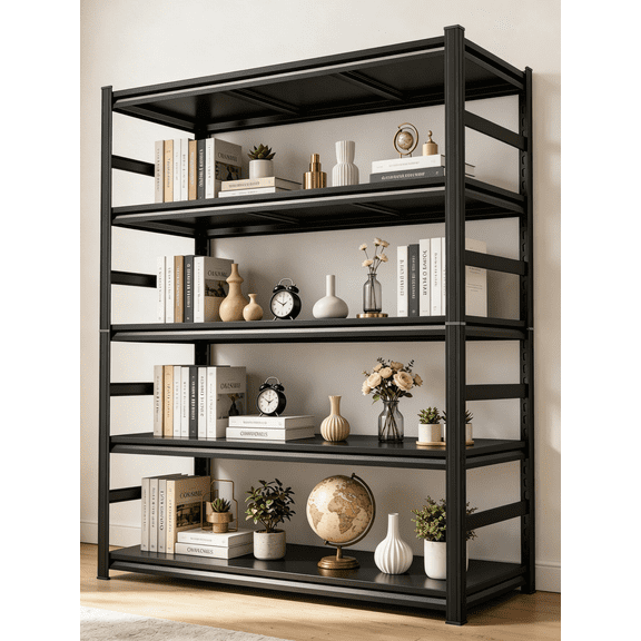 78''H × 48''W × 18''D 5 Tier Shelving Rack with Fences, 3000LBS Heavy Duty Adjustable Metal Shelves Gloved Rubber Hammer and Gloves for Garage Kitchen Pantry Basement Bathroom Laundry Shop Plant