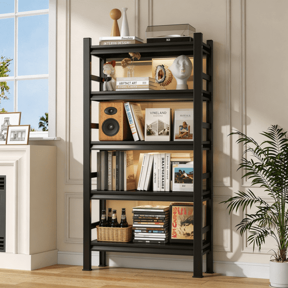 88"H × 48''W Metal Garage Shelving Unit Storage,5 Tier Heavy-Duty Adjustable Shelf Easy Assembly with Fence,Steel Shelves for Industrial,Warehouse,Basement,Pantry,Black