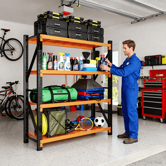 NadooLite Garage Shelving,2500LBS Heavy Duty Storage rack, 4 Tiers Metal Storage rack Shelf, Adjustable Shelving Unit for Garage,Kitchen,Warehouse,Basement,78"H x 47.2"W x 19.6"D,Black & Orange