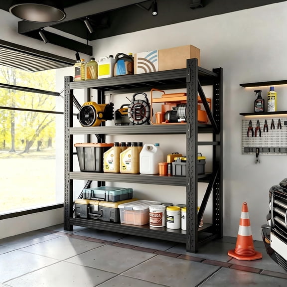 78"H Garage Shelving,3000LBS Heavy Duty Storage rack, 4 Tiers Metal Storage Rack Shelf, Adjustable Shelving Unit for Garage,Kitchen,Warehouse,Basement,78"H x 59"W x 23.6"D,Black