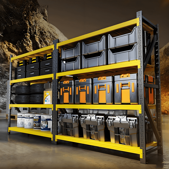 59" W Garage Storage Shelves, 3000LBS Garage Shelving Heavy Duty Adjustable Shelving Unit, 4 Tier Metal Utitly Shelves Industrial Shelving for Warehouses,Basement,Black Yellow