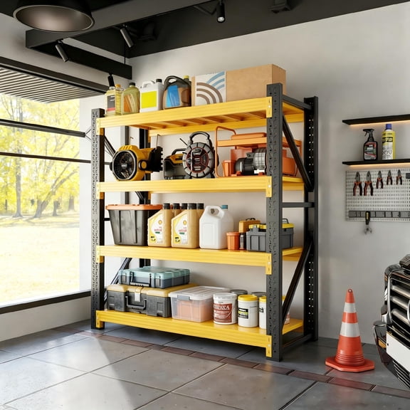 59" W Garage Storage Shelves, 3000LBS Garage Shelving Heavy Duty Adjustable Shelving Unit, 4 Tier Metal Utitly Shelves Industrial Shelving for Warehouses,Basement,Black Yellow