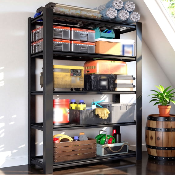 78"H Heavy Duty 5-Tier Metal Mesh Storage Shelving Unit, Adjustable Black Metal Rack, 3000 Lbs Load Capacity for Garage, Pantry, Kitchen & Home Storage