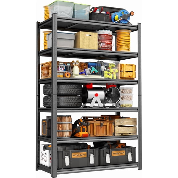 78" H Heavy Duty Adjustable 6-Tier Metal Shelving Unit, 3000 lb Capacity, Black