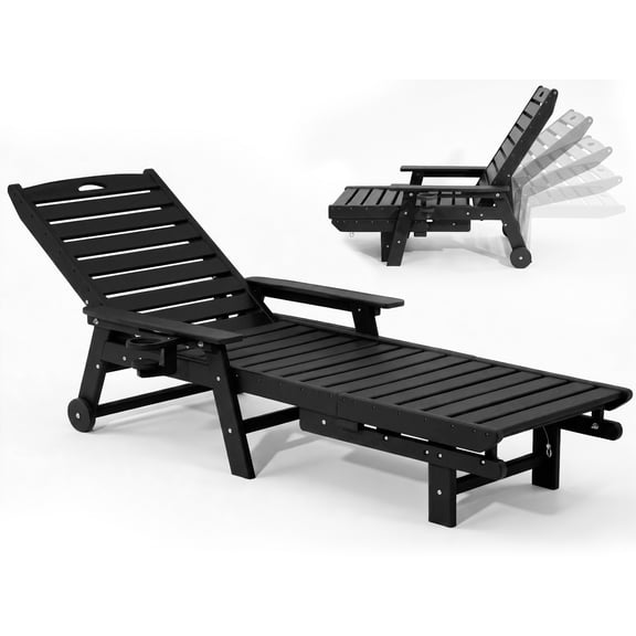 78" HDPE Outdoor Chaise Lounge with Wheels, 5-Position Adjustable Reclining Patio Lounger for Poolside & Patio