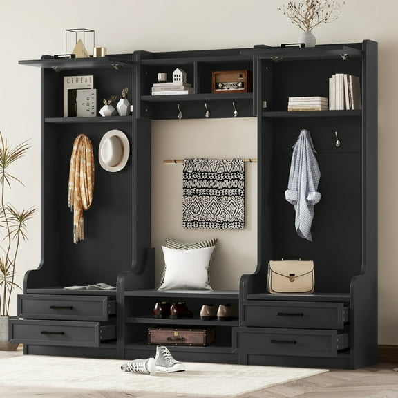 78" Hall Tree with 4 Drawers, 4-in-1 Detachable Hallway Coat Rack with Shoe Bench and 7 Hanging Hooks, Multi-Functional Entryway Storage Cabient, for Living Room, Entrance, Black