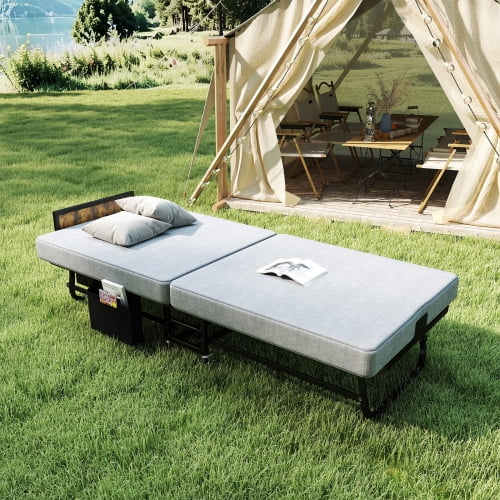 78" Heavy-Duty Rollaway Folding Bed with 3" Memory Foam Mattress, USB Charging Headboard, Side Pocket & Lockable Wheels – Portable Guest Bed for Home, Office & Camping