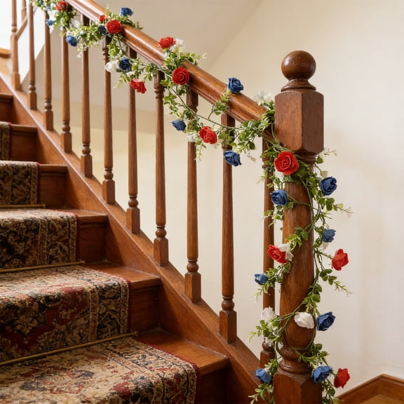 78 Inch 4th July Tinsel Garland, Red White Blue Independence Day Floral Decoration, For Fireplace Mantel Table Window Home Party Décor