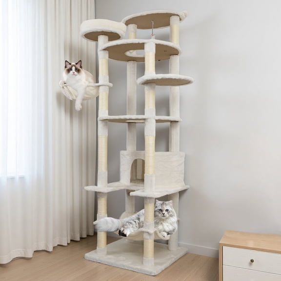 78-Inch Beige Cat Tree Tower with Large Condo, Sisal Scratching Posts, Big Hammock, and Perch Platform for Indoor Cats, Beige