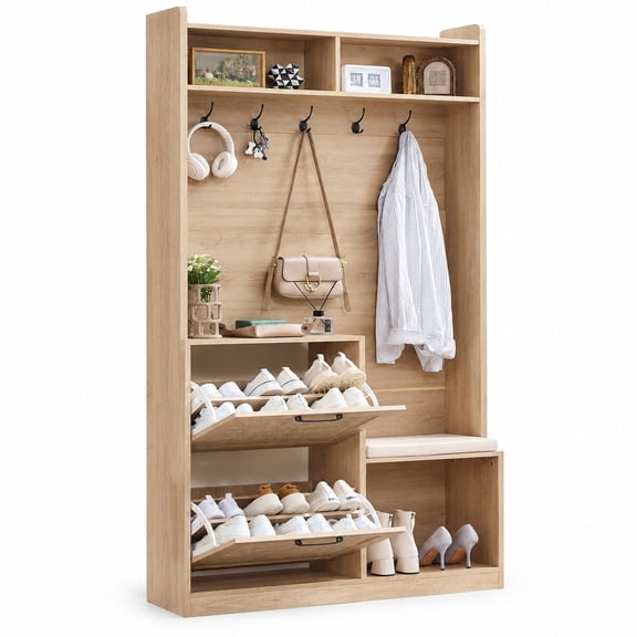 78-Inch Boho Hall Tree with Bench and Shoe Storage, 4-in-1 Entryway Coat Rack with 2 Flip Rattan Drawers & Padded Stool, 6-Hook Cabinet for Mudroom, Garage, Tea Brown