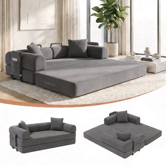78-Inch Gray Corduroy Convertible Sleeper Sofa Bed, High-Density Foam Couch with Storage Bag, Space-Saving for Living Room & Home Office