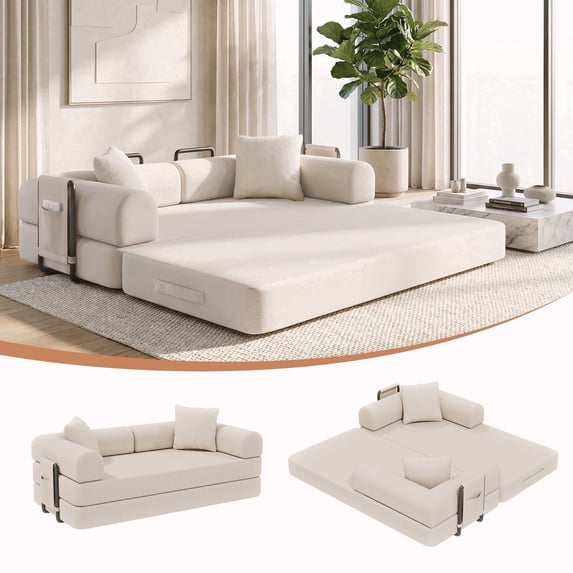 78-Inch Convertible Sleeper Sofa Bed, White Couch with Storage Bag, High-Density Foam, Corduroy Upholstery, Space-Saving & Portable for Living Room, Home Office