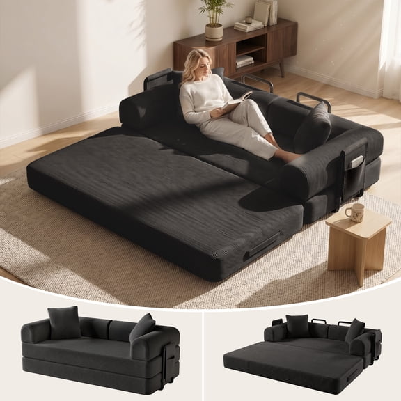 78-Inch Convertible Sleeper Sofa Bed, Black Couch with Storage Bag, High-Density Foam, Corduroy Upholstery, Space-Saving & Portable for Living Room, Home Office
