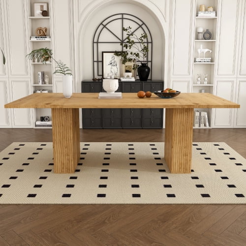 78 Inch Dining Table with Storage Base, Wood Veneer Rectangular MDF Farmhouse Table for 6, Modern Rustic Kitchen Table with Soft-Close Doors for Dining Room, Oak
