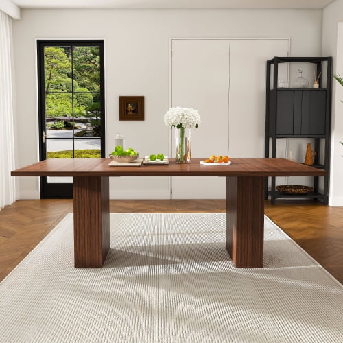 78 Inch Dining Table with Storage Base, Wood Veneer Rectangular MDF Farmhouse Table for 6, Modern Rustic Kitchen Table with Soft-Close Doors for Dining Room, Walnut