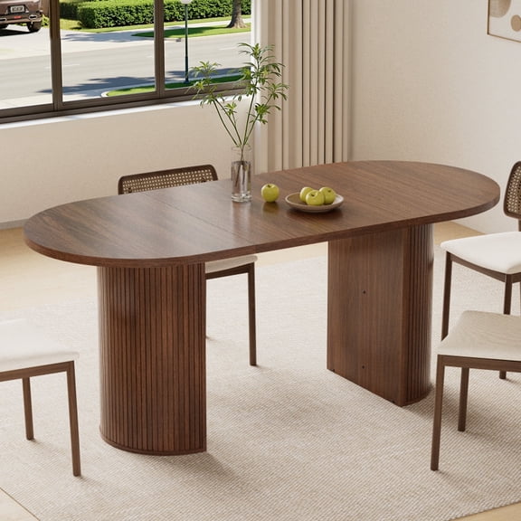 Hommpa 71" Dining Table for 6,Modern Oval Kitchen Table With Wood Strip Base,Long Dining Room Tables for Kitchen Dining Room Living Room,Walnut