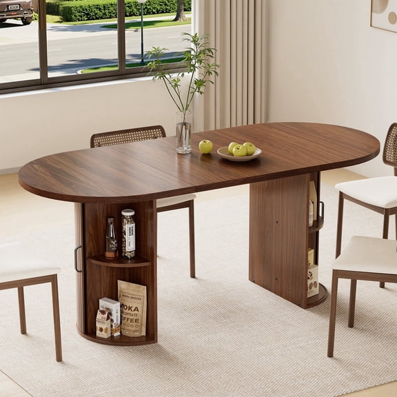 Hommpa 71" Dining Table for 6,Modern Oval Kitchen Table With Storage Cabinet,Long Dining Room Tables With Wood Strip Base for Kitchen Dining Room Living Room,Walnut