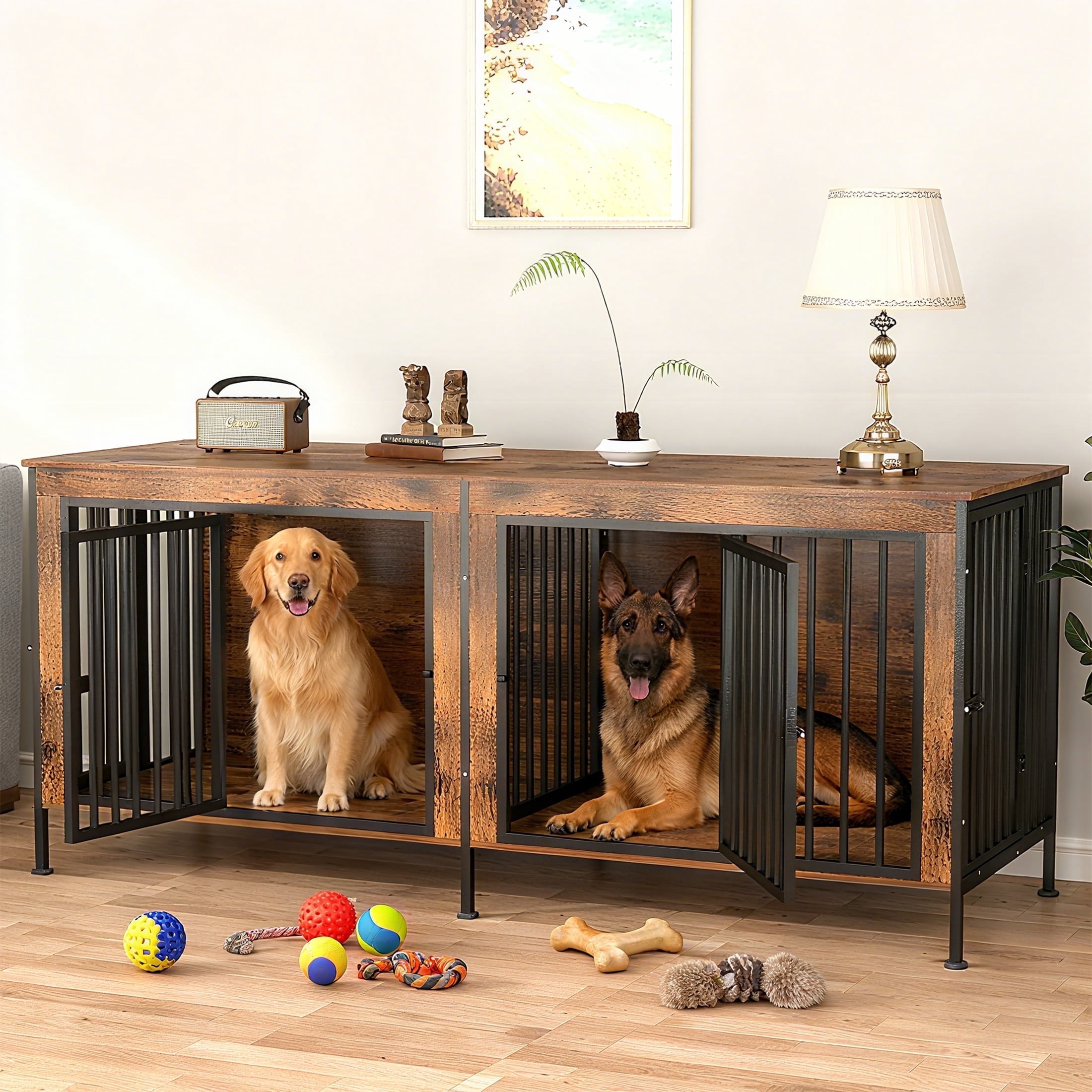 TIME RAY 78 Inch Dog Crate Furniture for Large Dog,Wood Dog Kennel Furniture Indoor with Removable Divider,Dog Cage Furniture as TV Stand,Brown