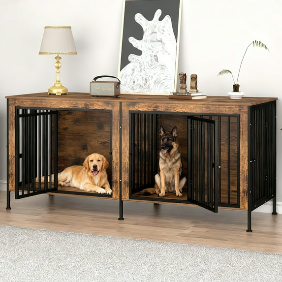 YOKWOK 78 Inch Dog Crate Furniture for Large Dogs with Sturdy Removable Divider, Extra Large Double Doors Dog Kennel Furniture,Thick Wooden Dog cage Furniture, Brown