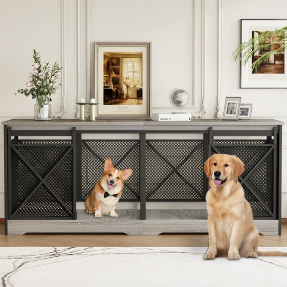78 inch Double Dog Crate Furniture for 2 Dogs Lager Dog Wooden Crate Kennel table with Removable Divider Indoor Dog House for Small Medium Large Extra Large Size Grey