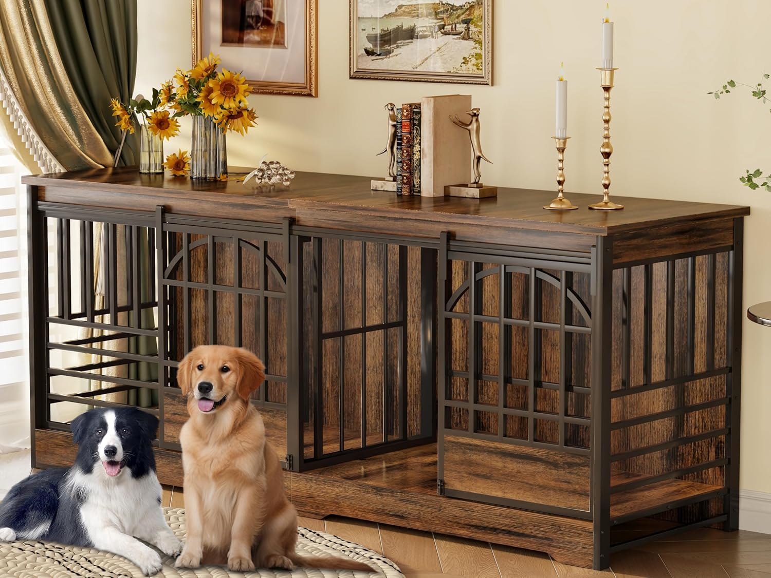 78 Inch Double Dog Crate Furniture, Extra Large Dog Kennel Indoor with ...