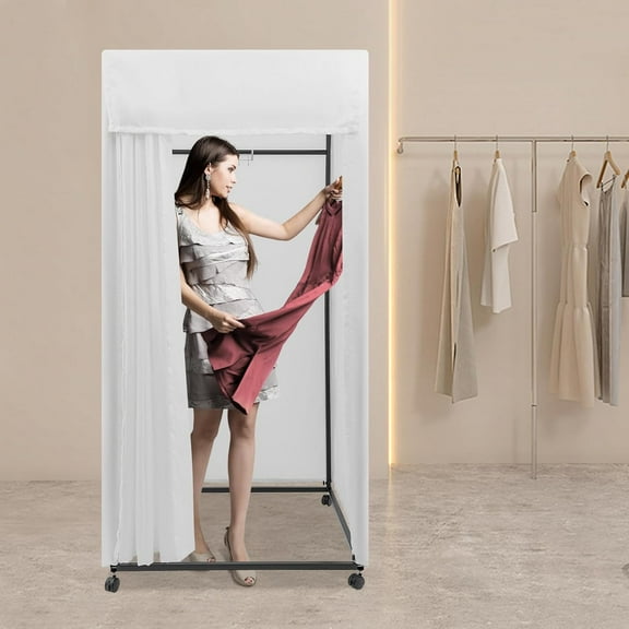 78 Inch Free Standing Clothing Store Fitting Room, Movable Changing Room with Curtain Portable Fitting Room with Large Space Privacy Dressing Room White for Mall Store