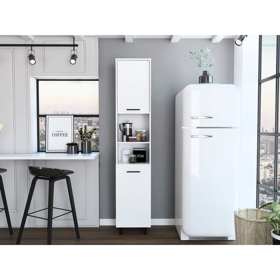 78" Inch High White Pantry Cabinet, Four Legs, Three Interior Shelves, Two Open Compartments For Exquisite Kitchen Pantry, Tall Cabinet With Cabinets Functionality