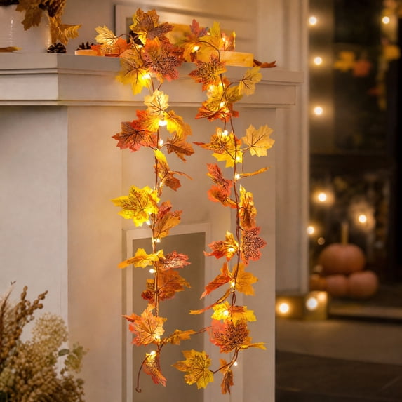 78 Inch Maple Leaf Garland with White LED Lights, Battery Operated Autumn Fall Rattan for Door Wall Fireplace Table Decor, Halloween Thanksgiving Home Decoration