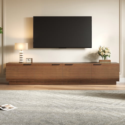 78-Inch Modern TV Stand for TVs up to 85-Inch, Entertainment Center with Fluted Door, Cable Management, Soft-Closing Hinges, Natural Woodgrain Finish for Living Room