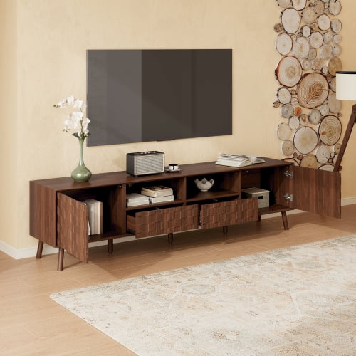 78 Inch TV Stand, Modern Entertainment Center with Push Open Doors & Solid Wood Legs, Media Console for TVs up to 85" with Cable Management, Drawers, Walnut