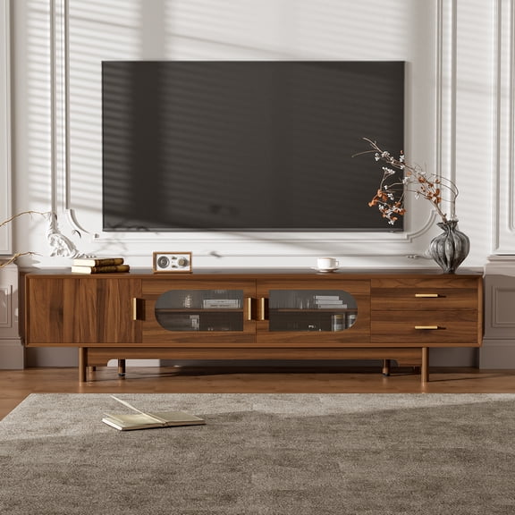 78 Inch TV Stand for TVs up to 85", Modern Entertainment Center with Fluted Glass Doors & 2 Drawers, TV Cabinet with Cable Management and Solid Wood Legs, Walnut