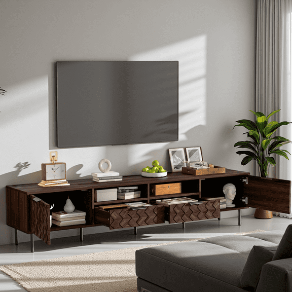 78 Inch TV Stand with 3D Diamond Pattern for TVs up to 85", Modern Media Console with Soft-Close Doors & Cable Management, Walnut