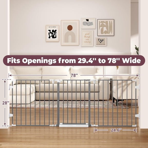 78 Inch Wide Gate with Door for Pets and Kids, Adjustable Metal Safety Barrier for Doorways Stairs, Hardware Mounted Pet Gate with Anti-Trip Pedal, 3 Panels