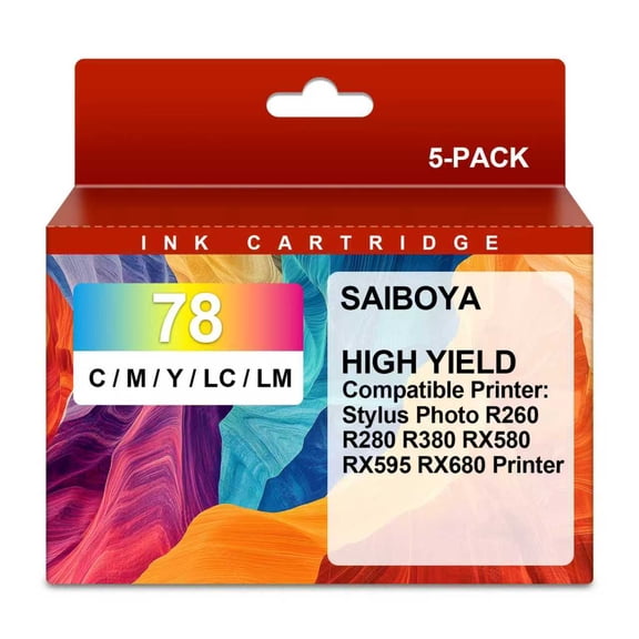78 Ink Cartridges 5 Pack Combo Compatible for Artisan 50 Stylus Photo R260 R280 R380 RX580 RX595 RX680 High Yield 450 Pages per Cartridge Cyan Light Cyan Magenta Light Magenta Yellow
